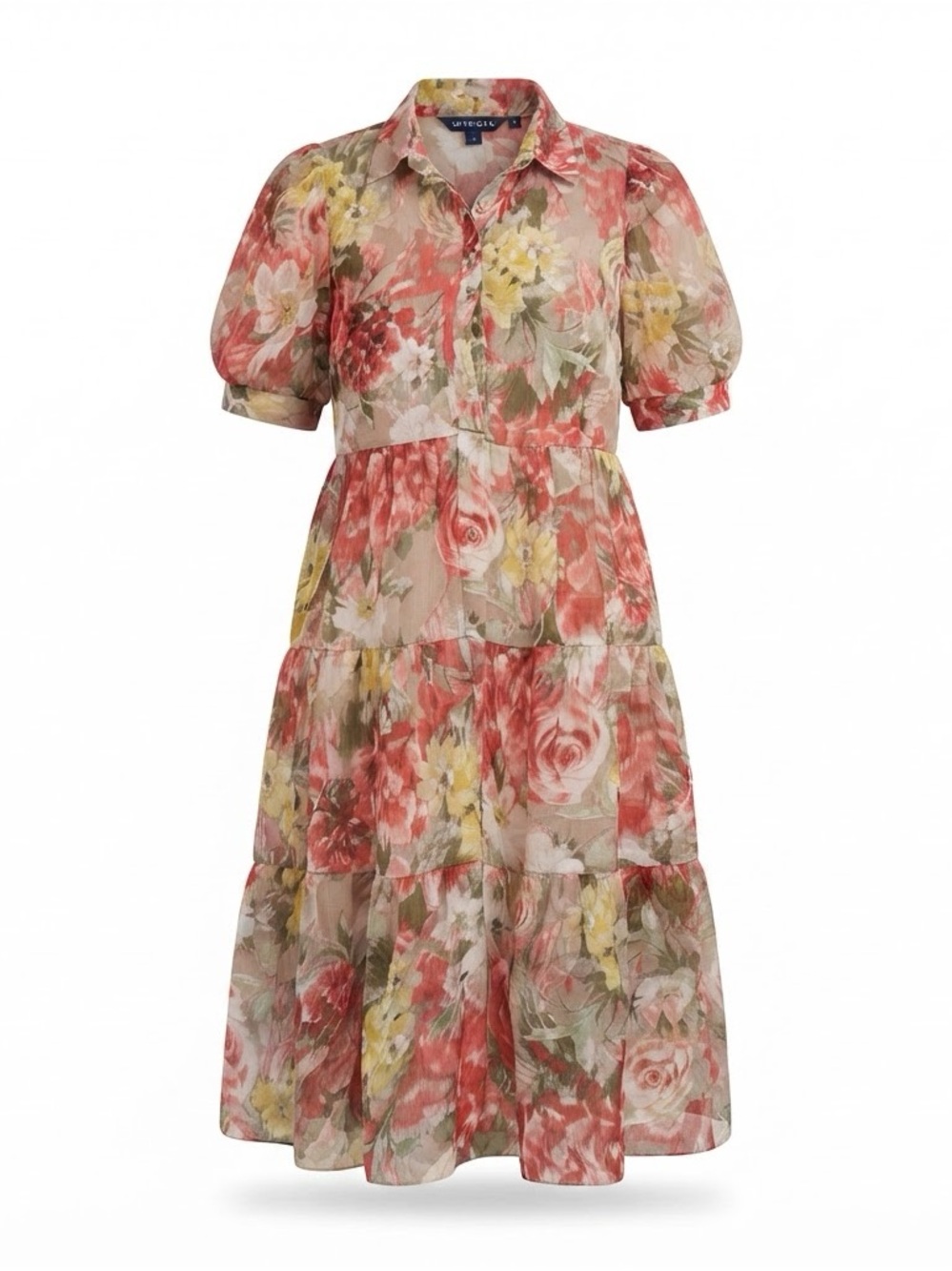Enfocus Studio Coral and Yellow Floral Tiered Midi Dress